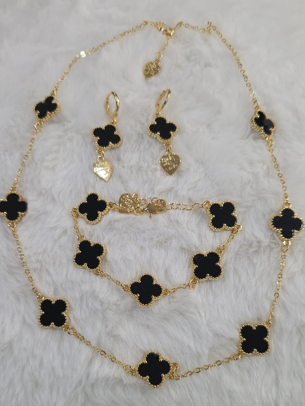 14k Gold Plated ,Gold & Black Clover Jewelry Set - Necklace, Bracelet & Earrings